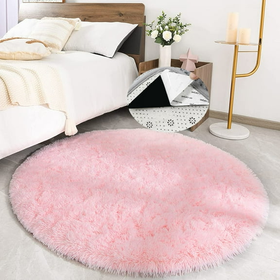 Pink Shaggy Area Rugs Round 47"x47" Fluffy Non-Slip Backing Floor Mats Carpet for Living Room Bedroom