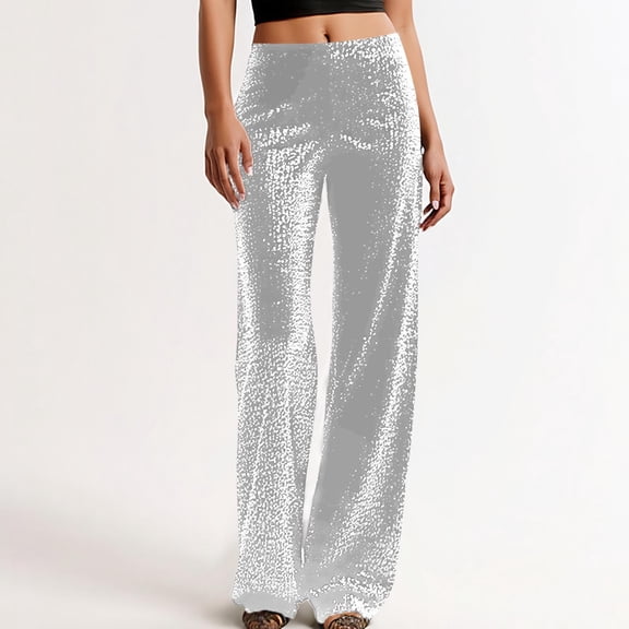 LEKWK Sequin Pants Women High Waisted Sparkly Glitter Pants Wide Leg Stretchy Wide Leg Pants Soft Party Club Night Out Wear