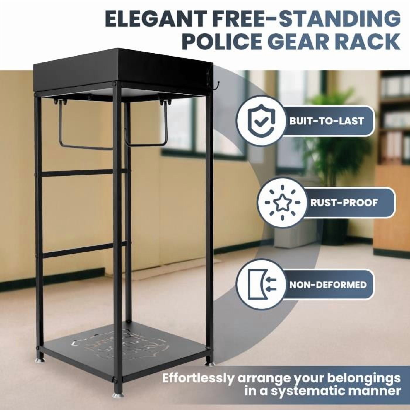 Professional Police Gear Storage Rack, Heavy-Gauge Iron Frame with 3 Hooks, Rust Resistant Matte Black Layer, for Police Station, Sentinel, Garages