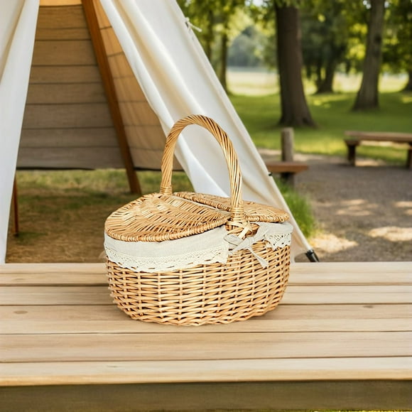 HONMEET Lidded Storage Basket Wicker Basket with Lid Light Brown Rectangular 1Pcs
