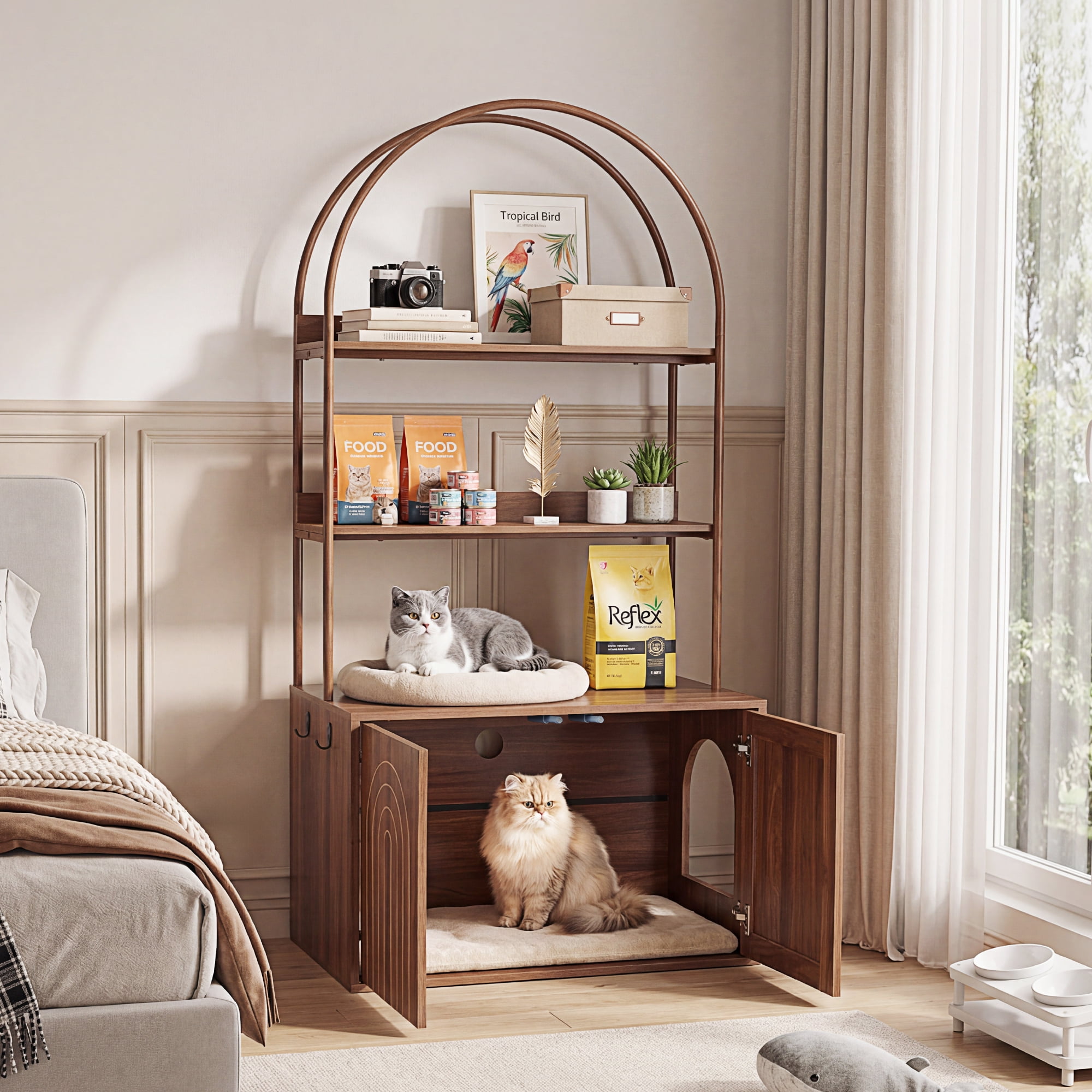 Wirrytor Walnut Cat Litter Box Enclosure With 2-Tier Display Shelves, Hidden Litter Box Furniture With Cat Perch, Modern Arched Pet Cabinet For Home Decor