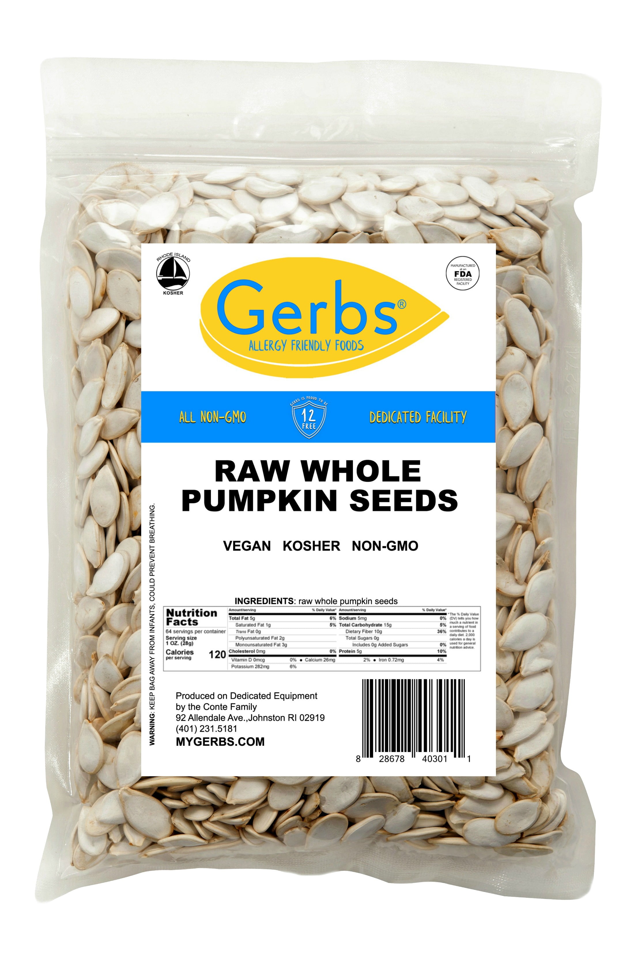 GERBS Raw Whole Pumpkin Seeds, 64 ounce bag, Top 14 Food Allergy Free