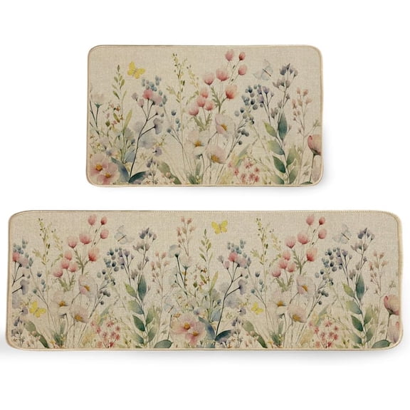 Spring Kitchen Mats Set of 2, Floral Kitchen Rugs and Door Mats, Non-Slip Absorbent Floor Mat Seasonal Kitchen Decorative 17x29 and 17x47 Inch AKM042