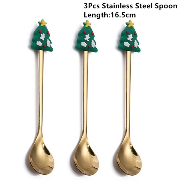 Cuchara de acero inoxidable con forma de cabeza de alce para Navidad, muñeco de nieve, Papá Noel, decoración navideña para el hogar, regalos de Navidad, 3 piezas, 2024, 2023