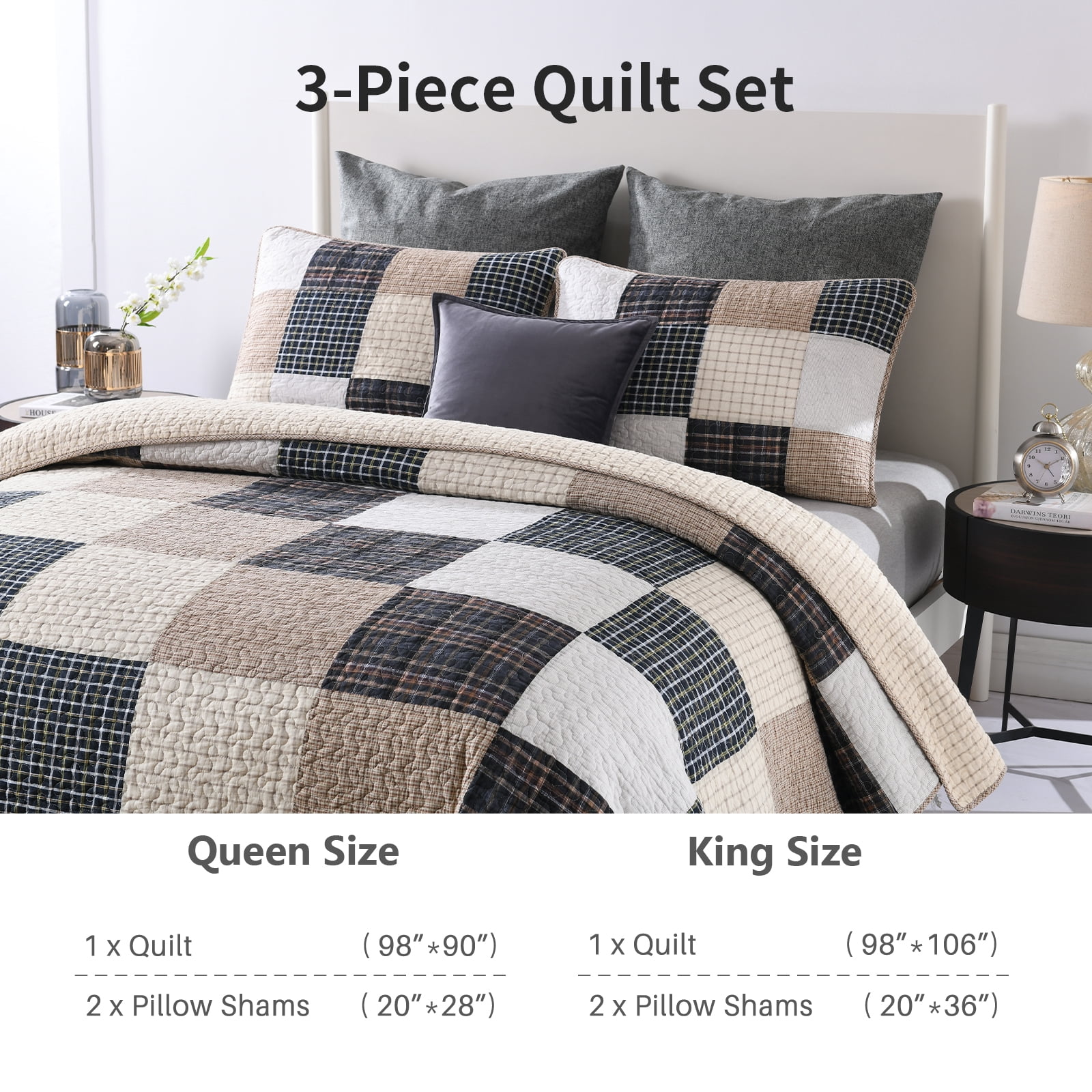 DDUOXIN Real Patchwork Plaid Cotton Quilt - 100% Cotton King Size Quilt, Lightweight Brown Black Beige Rustic Quilts Bedspread for King Bed, Neutral Reversible Coverlet/Comforter Set, 3 Piece, 98x106