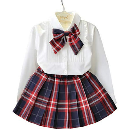 Japanese School Girls Sailor Shirts Tartan Pleated Skirt Uniform Anime Cosplay Costumes with Socks for Kids(XF01)100 for 3~4year