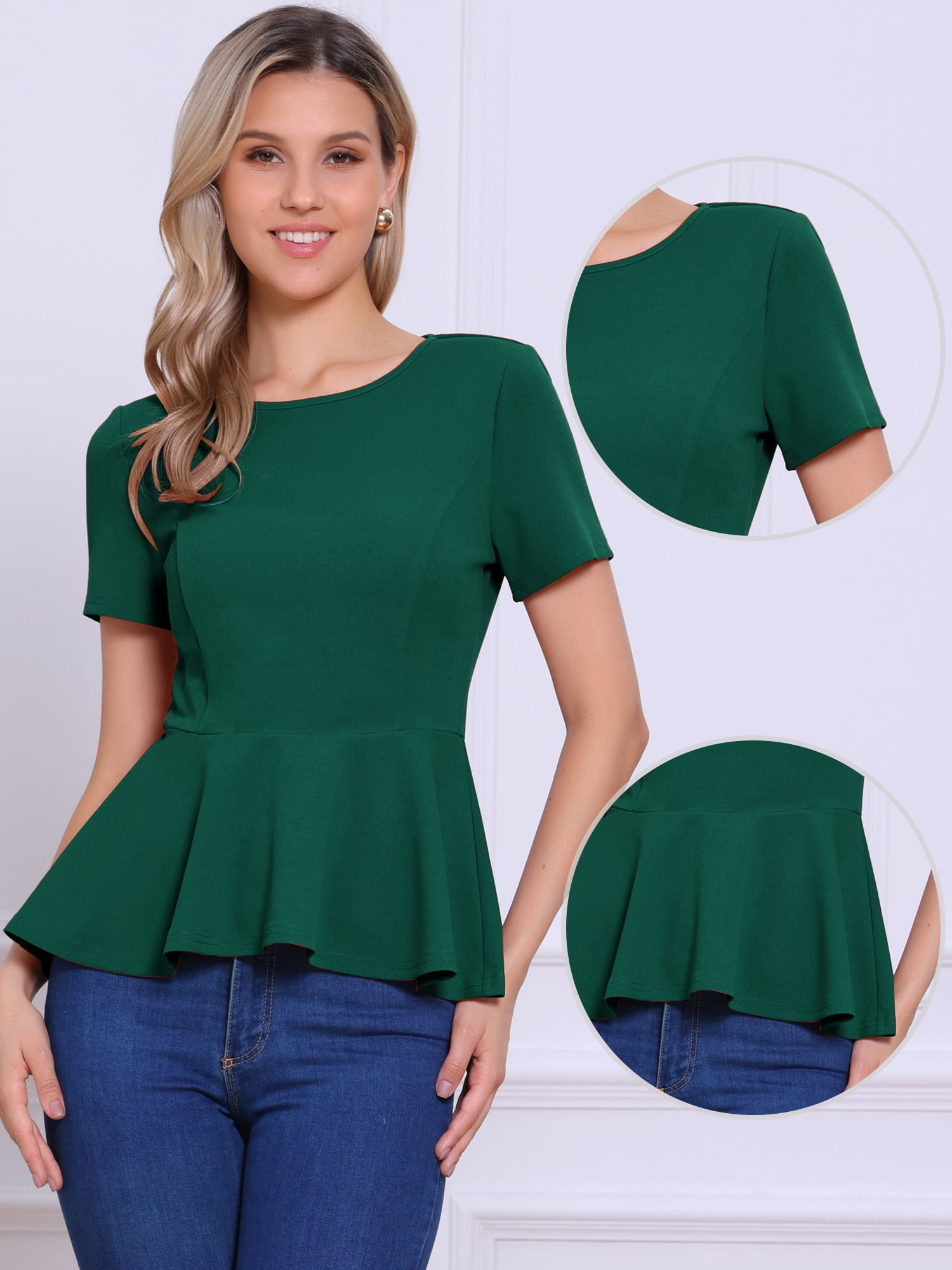 DARING DIVA Women's Peplum Tops Short Sleeve Crew Neck Blouse S Green