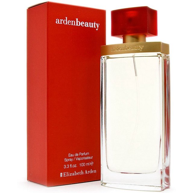 Elizabeth Arden Perfume Arden Beauty Eau De Parfum Spray 3.4 Ounce, a women's fragrance with a floral bouquet, presented in a clear rectangular glass bottle with a red cap and gold accents, alongside its matching red packaging. Ideal for daytime use.
