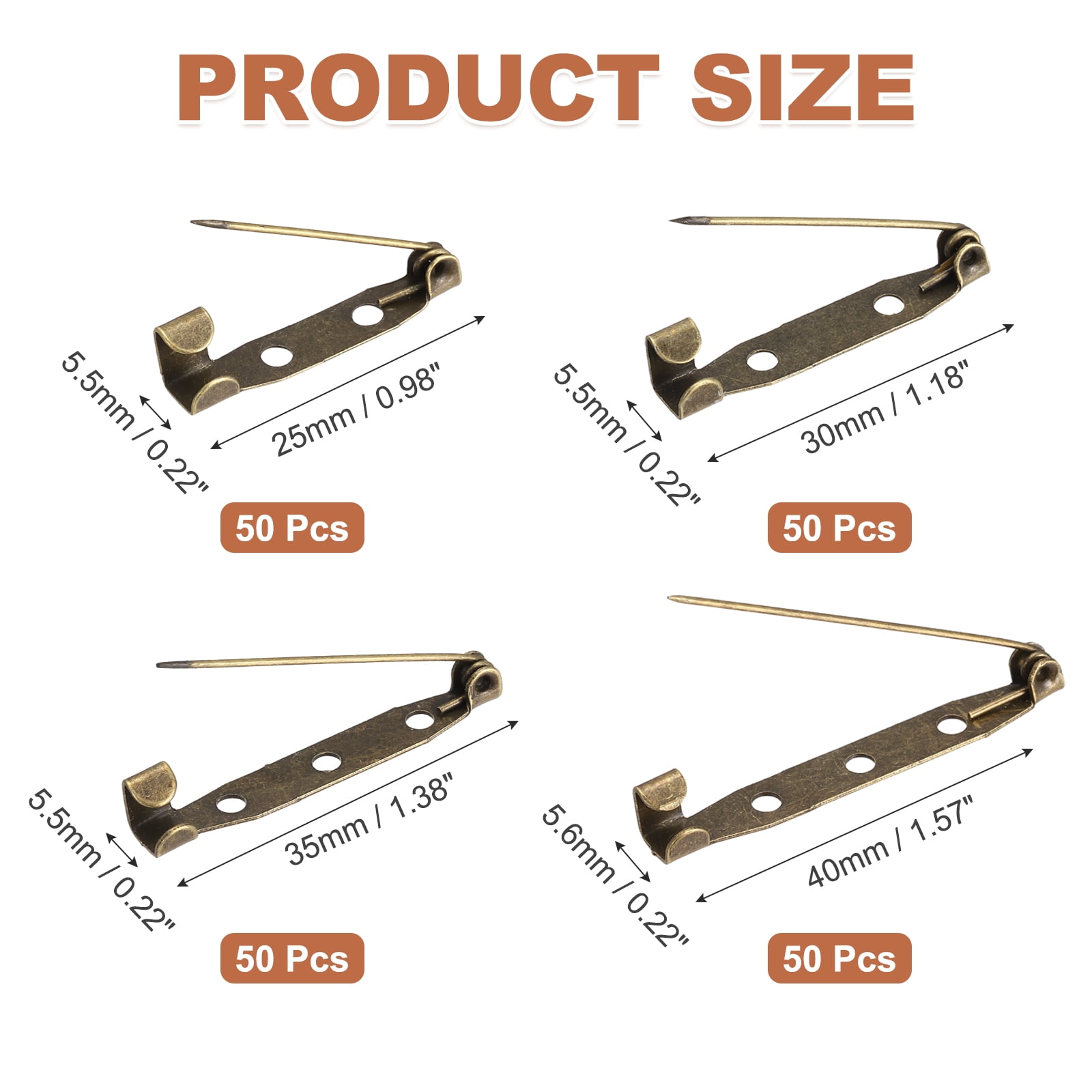 Uxcell 200 Pcs Brooch Pin Backs, Metal Bar Pins Backs Safety Clasp for DIY Crafts Name Tags Badges Corsage Jewelry Making(25/30/35/40mm, Bronze)