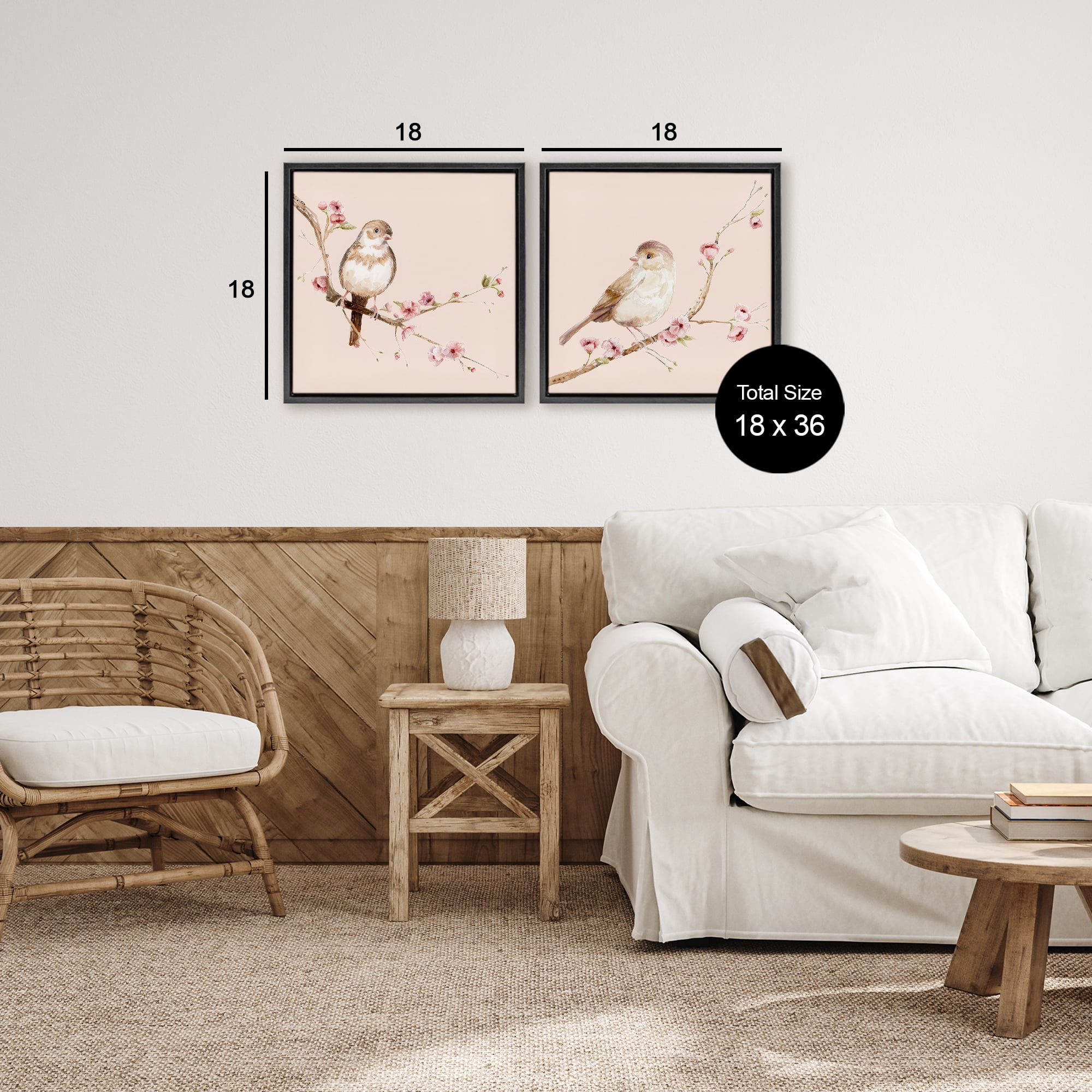 Sweetest Brown Birds Branch 2 Piece Black Framed Floater Canvas Set, design by Lisa Wehmeyer