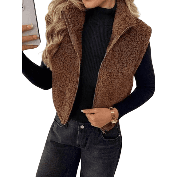 Mengpipi Women's Reversible Sherpa Fleece Vest - Fuzzy Plush Zip Up Sleeveless Jacket with Turn-Down Collar S-XL