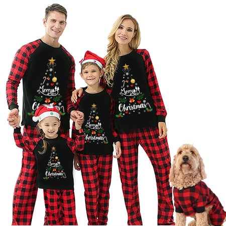 

allshope Christmas Family Pajamas Matching Set Long Sleeve Letters Print T-shirt with Plaid Pants Sleepwear Loungewear