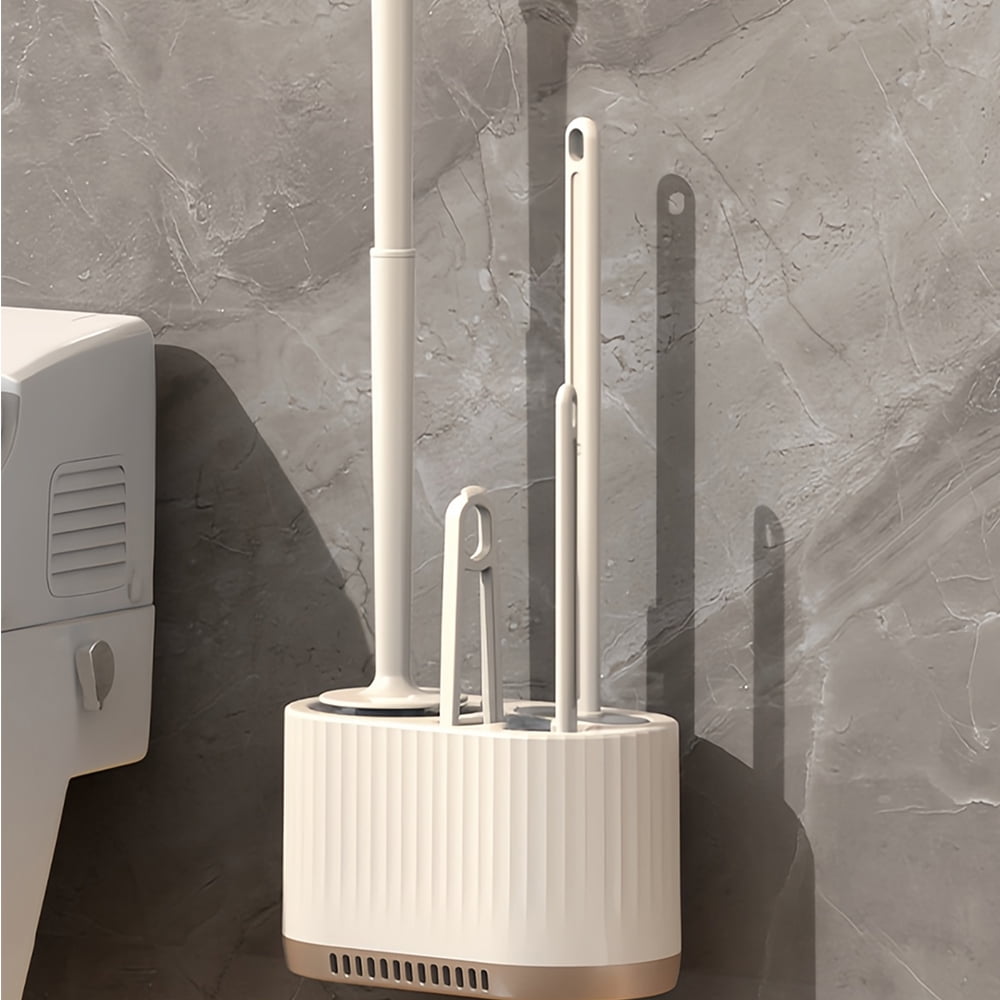 WSBArt 4Pcs Wall Mounted Toilet Cleaning Brush Set with Long Handle and No Dead Corner Design Includes Toilet Brush Drain Brush and Flat Head Scrubber for Effective Bathroom Household Cleaning