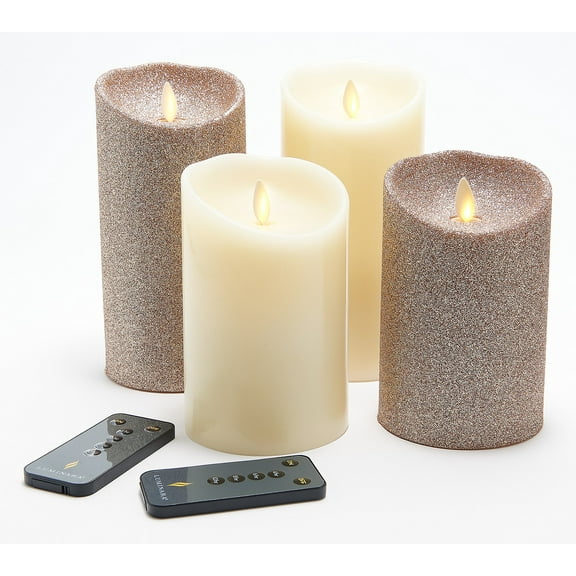 Luminara Realistic Artificial Moving Flame Pillar Candles, 5"& 7" Smooth And Glitter 4-pack Candle Set in Ivory and Chestnut