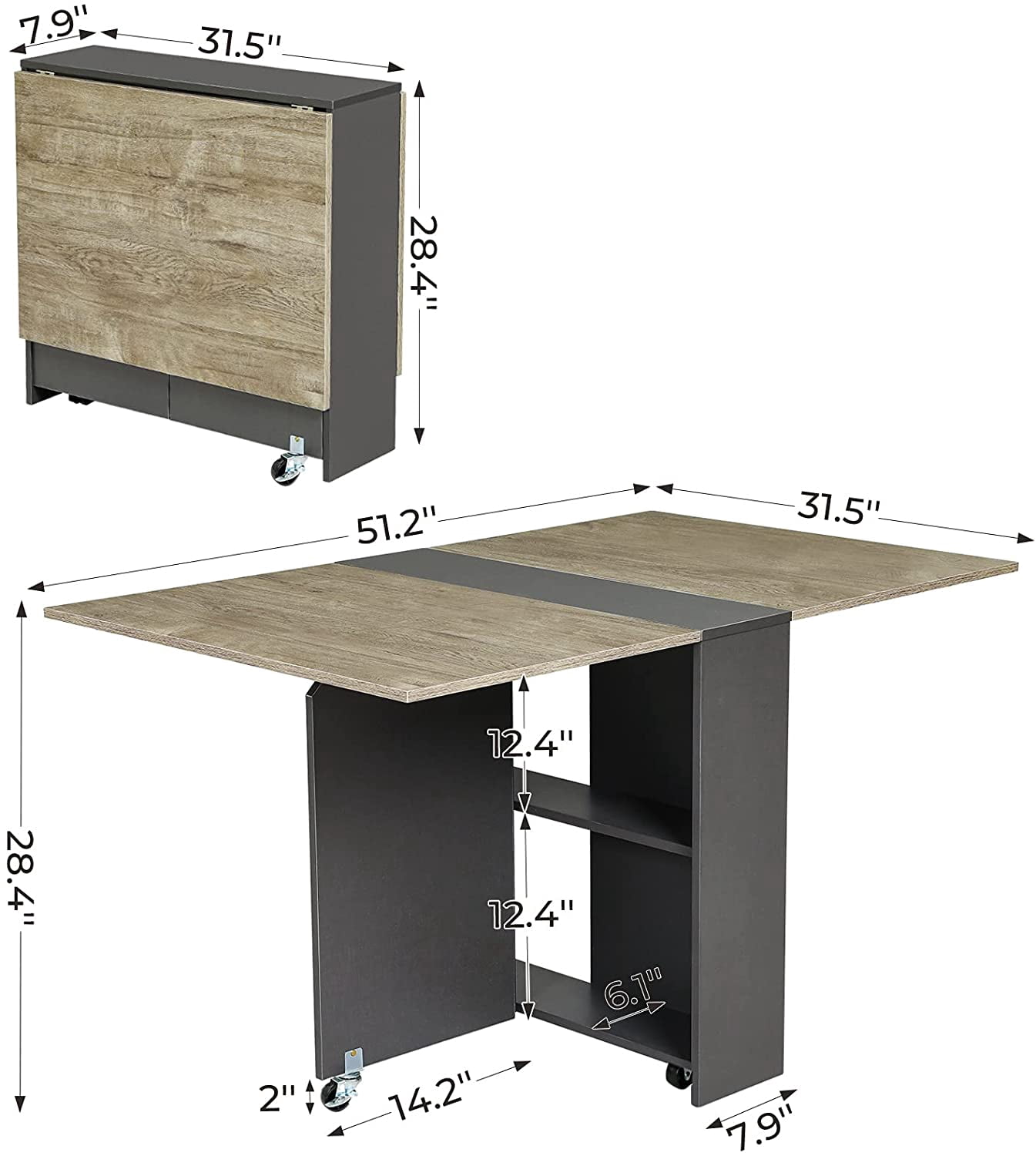 Folding Dining Table with Storage Racks and 6 Wheels, Drop Leaf Table,Multifunction Expandable Table for Kitchen Bedroom Living Room,Gray