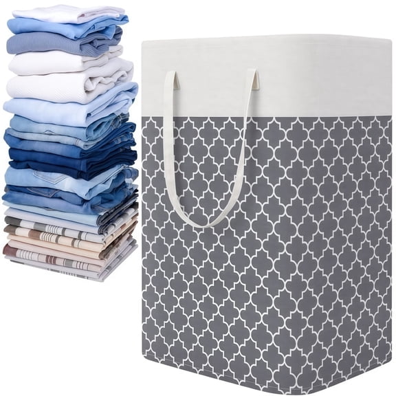 Collapsible Waterproof Laundry Hamper with Long Handles, Bexikou Tall Durable Gray Cloth Storage Basket for Bedroom Bathroom Dorm, Clothes, Toys, Blankets and Sports Gear