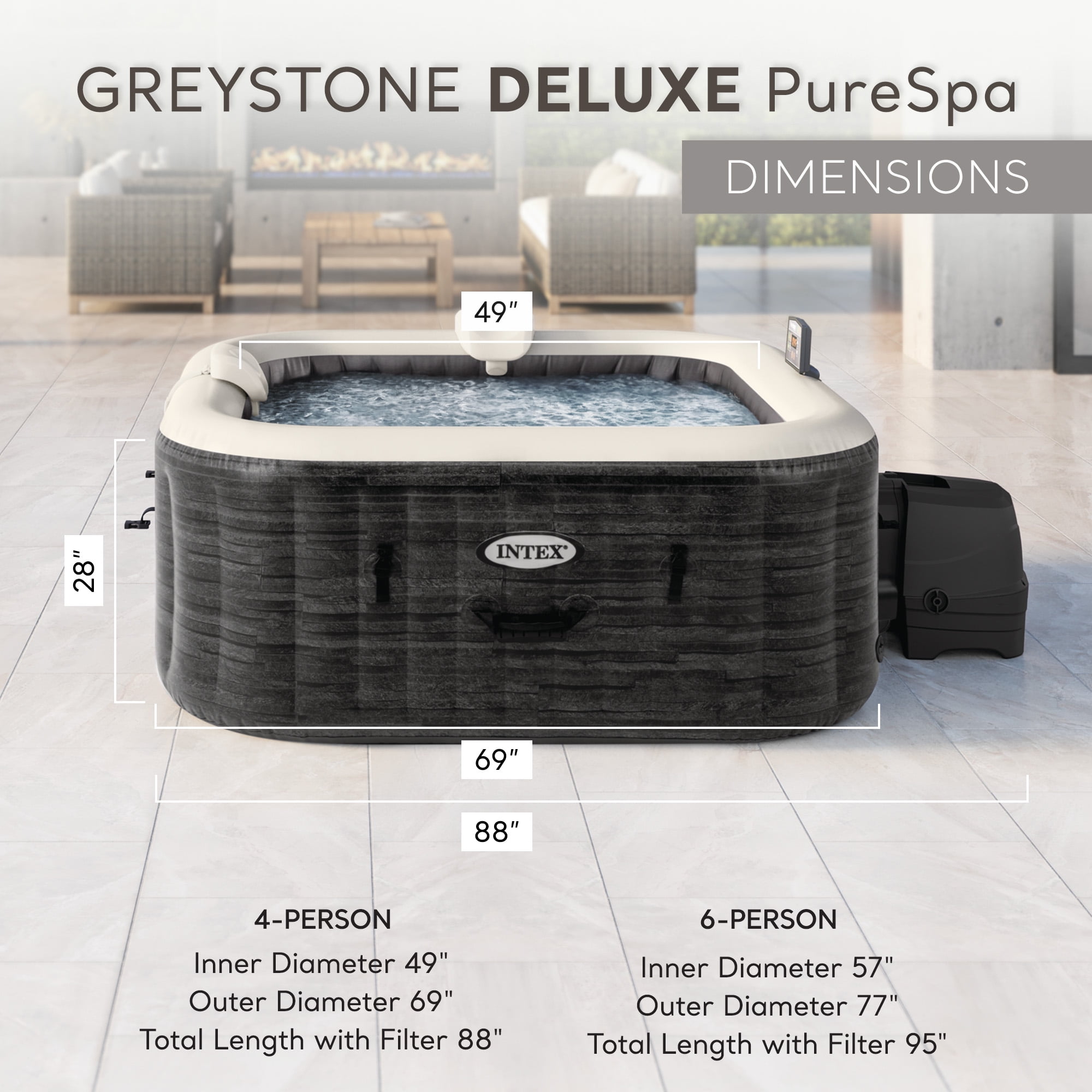 Intex PureSpa Plus Greystone Inflatable Square Hot Tub Spa, 83 x 28"