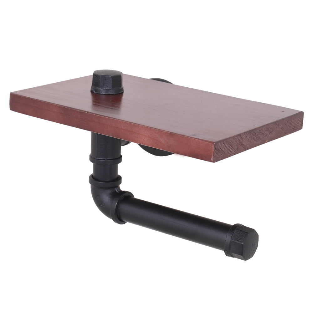 Rack Rustic Wooden Shelf Toilet Paper Holder Roller Wall Mount Iron Pipe