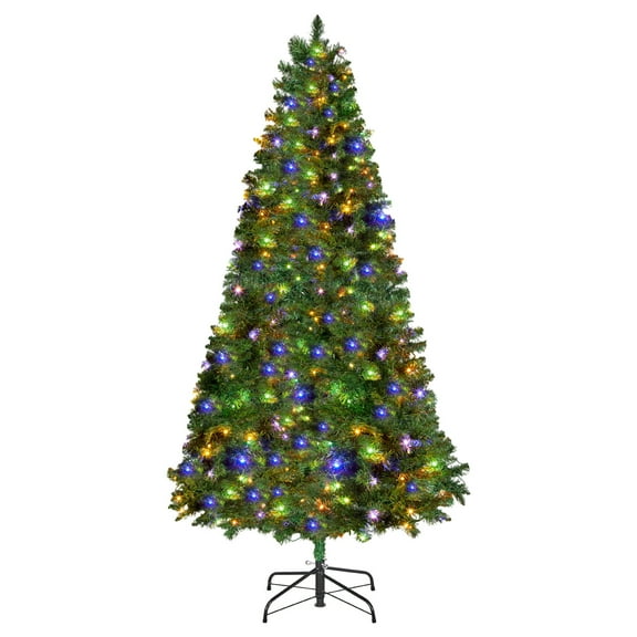 VEVOR Christmas Tree, 7.2ft Prelit Artificial Xmas Tree, Full Holiday Decor Trees with 470 Colorful LED Lights,11 Lighting Modes, 1346 Branch Tips & Sturdy Metal Base for Home Party Office Decoration