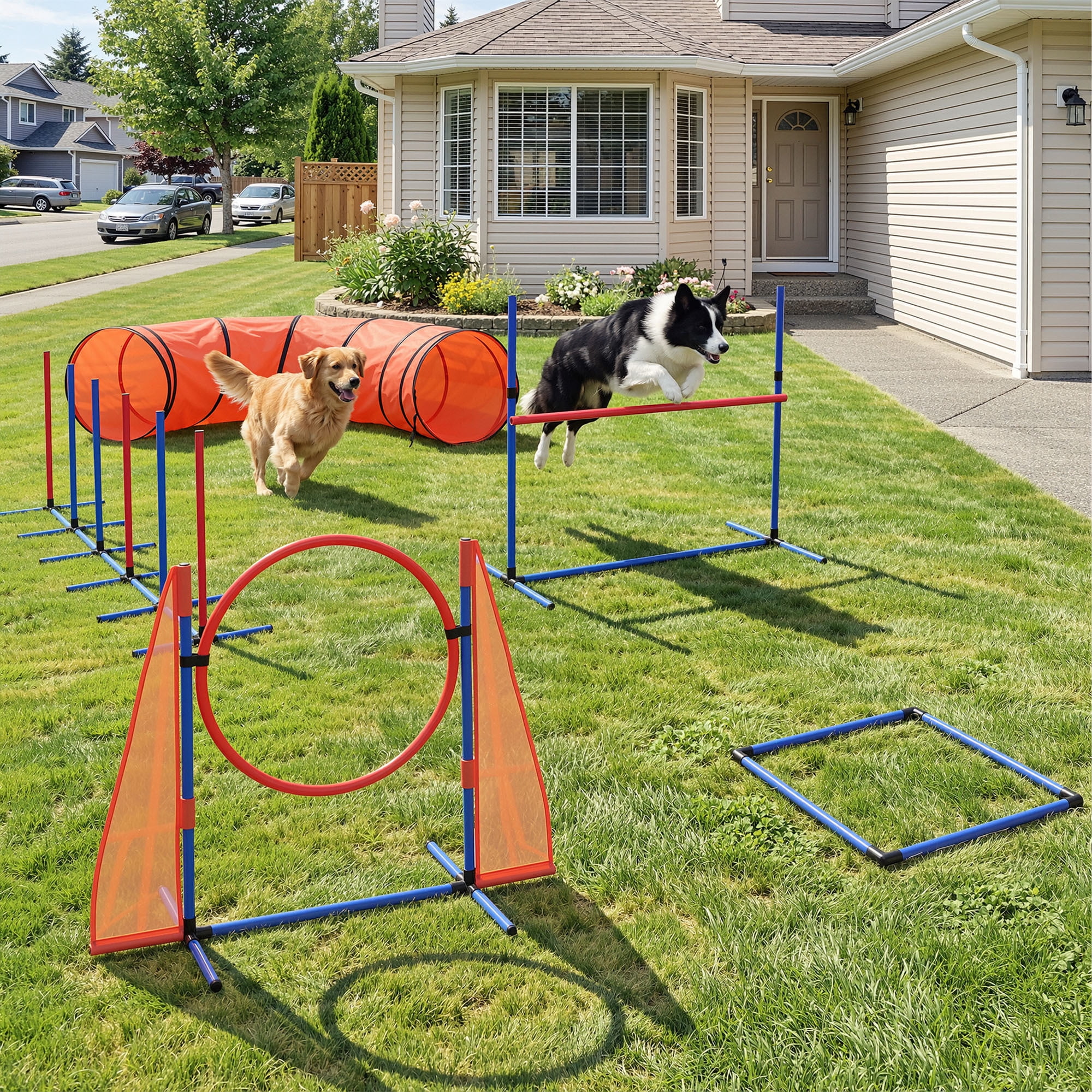 Uforic Dog Agility Equipments: Includes Flirt Pole, Agility Tunnel, 3 Jumps, 6 Weave Poles, Pause Box, Agility Course Set for Backyard, Indoor, Outdoor, Orange