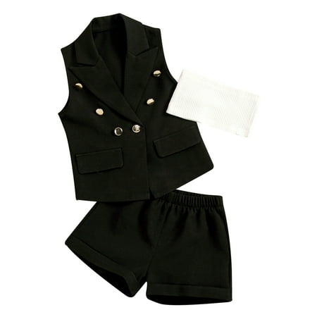 

6 Month Girl Clothes Summer Toddler Girls Sleeveless Solid Colour Coat Vest Shorts Three Piece Outfits Set For Kids Clothes Clothes New Born