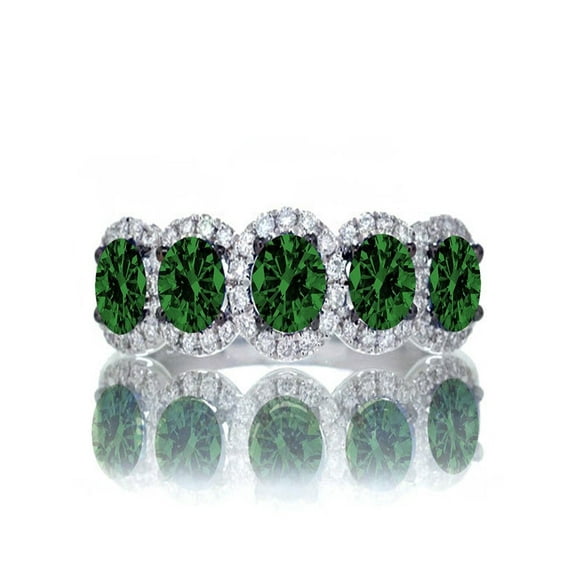 1.5 Carat round cut Classic five stone Emerald and white diamond Wedding band on 10k White Gold