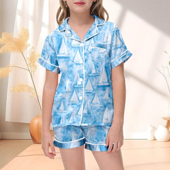Girls Outfits Kids Casual Button Lapel Top and Shorts Lightweight Home Set Girls' Clothing Sets Blue 5-6T