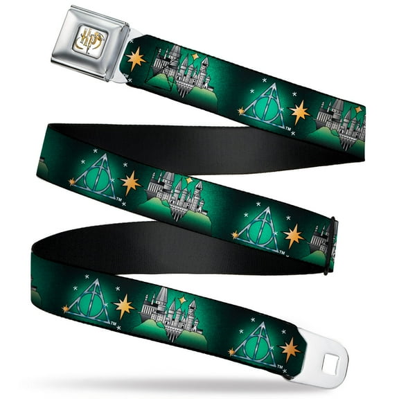 The Wizarding World of Harry Potter Belt, Seatbelt Buckle Belt, Harry Potter Hogwarts and Deathly Hallows Tattoo Black Greens, 24 to 38 Inches