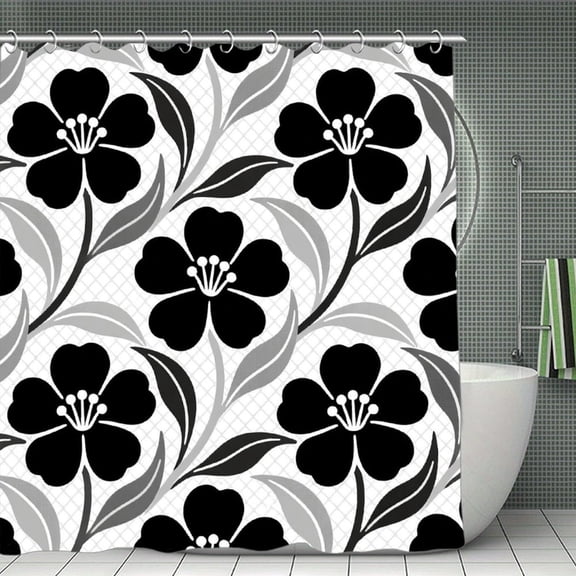 Black Grey Gray  Flower Print Shower Curtain,Modern Fabric Waterproof Shower Curtain Set with Hooks 70.8×70.8Inch (180×180cm)