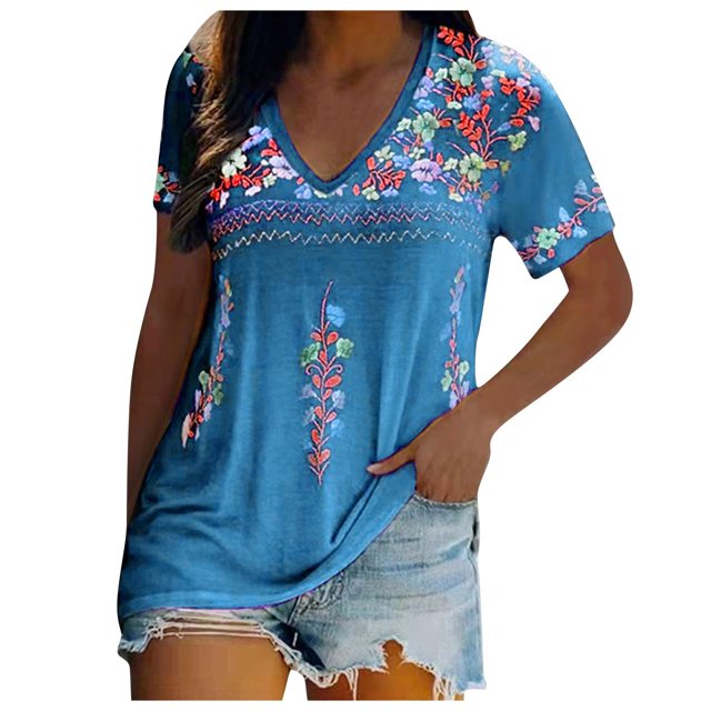 Blouse Décontractée pour Femme à Col en V avec Imprimé, T-Shirt à Manches Courtes, Hauts d'Été