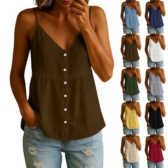 Spaghetti Strap Tank Tops for Women V Neck Button Down Shirts Ruched Casual Blouses Lightweight Summer Cami Tops,Brown ,S