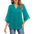 thumbnail image 2 of Women's V Neck Blouse Ruffle Detail 3/4 Sleeve Chiffon Casual Tunic Top, 2 of 5