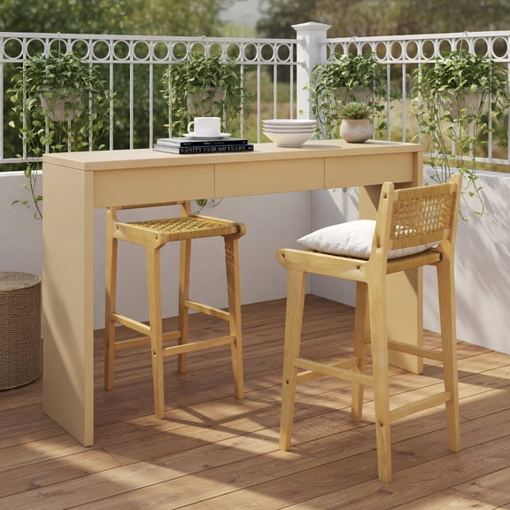 Resenkos Natural Teak Wood Outdoor Bar Stool with Hand-Woven PE Rattan Backrest & Seat – 29.5" Seat Height, 350 lb Capacity, Weather-Resistant Patio & Poolside Seating (1 Piece)