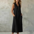 thumbnail image 4 of QUNYINEY A Line Womens Summer Casual Dresses Long Sleeveless Faux Cotton Linen Black Sundress with Pockets Loose Fit Hooded Button Dresses, 4 of 7