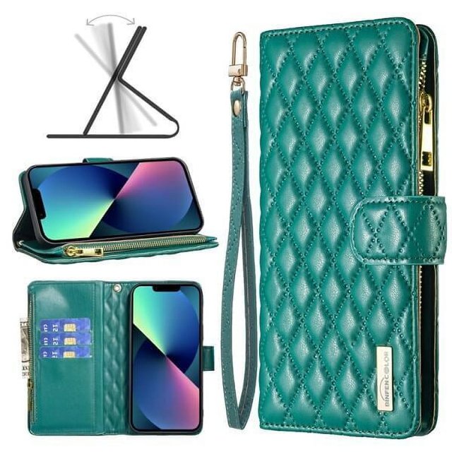 iPhone 14 Pro Max Wallet Case Premium Handmade PU Leather Phone Case Card Slots Magnetic Closure Zipper Pocket Kickstand Flip Case with Hand Strap for iPhone 14 - Green
