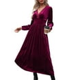 thumbnail image 6 of HAPIMO Women's Tea Length A Line Velvet Dress Solid Color V Neck Lace Crochet Long Sleeve Clearance Trendy Elegant Casual High Waist Spring Red XL, 6 of 9