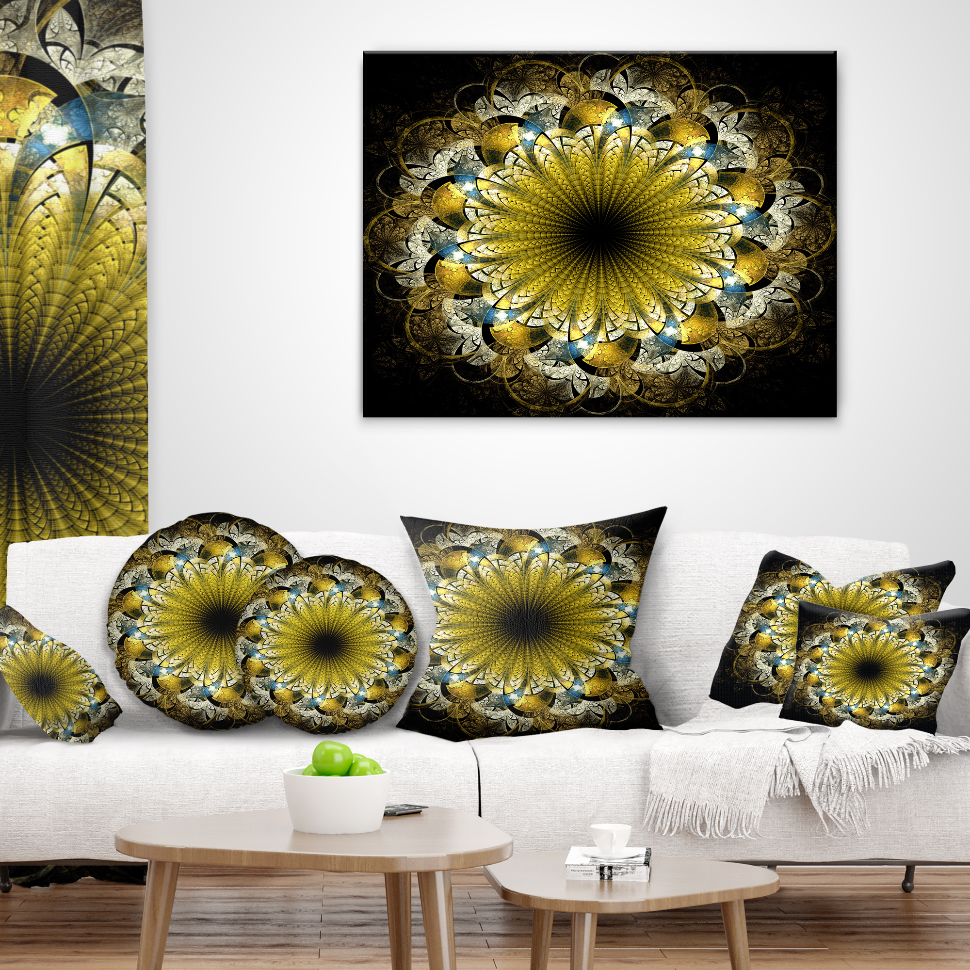 Designart Dark Yellow Fractal Flower - Abstract Throw Pillow - 16x16