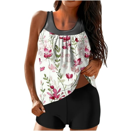TrendVibe365 Womens Swimsuits Tankini White 2 Piece Bathing Suits Boyfriend Shorts Tank Floral Swimwear Beachwear S