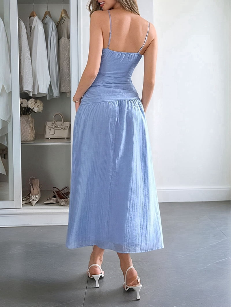 Women'S Summer Sleeveless Casual Dresses V-Neck Wrinkles Backless Party Dress Blue M