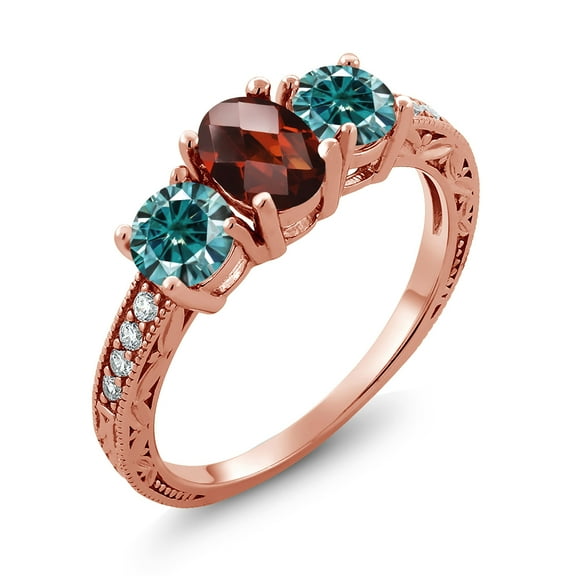 Gem Stone King 18K Rose Gold Plated Silver Ring Checkerboard Garnet Blue Moissanite (2.12 Cttw) (Size 7)