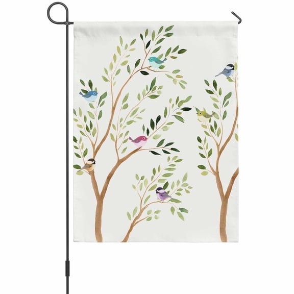 Spring Plants Garden Flag 12 x 18 Inches, Watercolor Tree Funny Birds Brown Branches Farmhouse Weather Proof Outdoor Patio Flags Double Sided Small Garden Decoration for Yard Outside Home