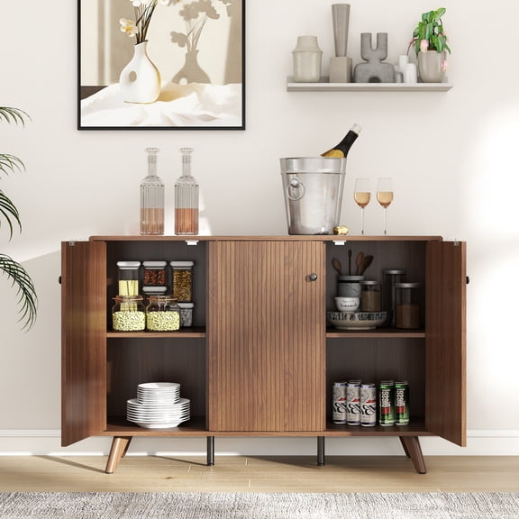 Manxile Fluted Sideboard Buffet Cabinet with 3 Doors, Wood Accent Storage Cabinet for Kitchen Dining Living Room Entryway (Walnut)