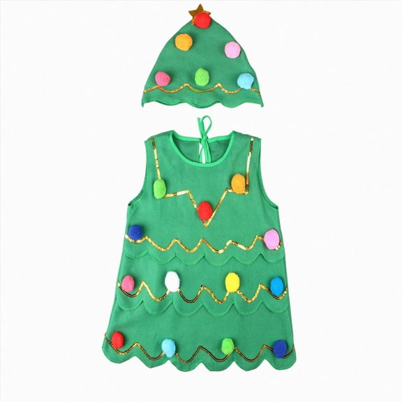 UAYOTSE Girls Sleeveless Christmas Tree Costume Dress 2 3 4 5 6 Years Colorful Pom Pom Decor Outfit With Matching Festive Hat for Holiday Cosplay