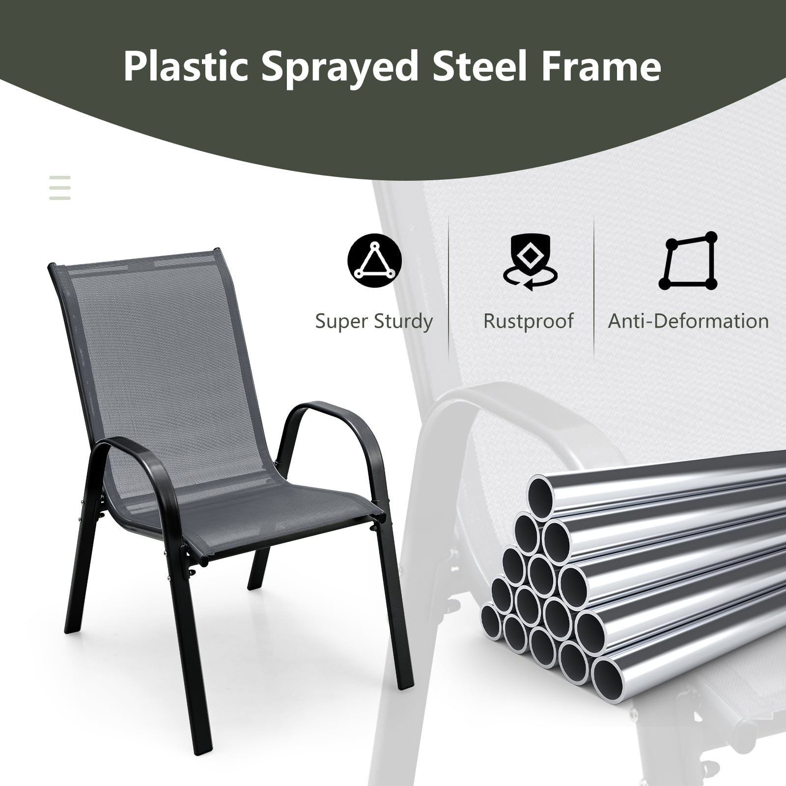 Costway Set of 4 Patio Dining Chairs Stackable Armrest Space Saving Garden  Black & Gray