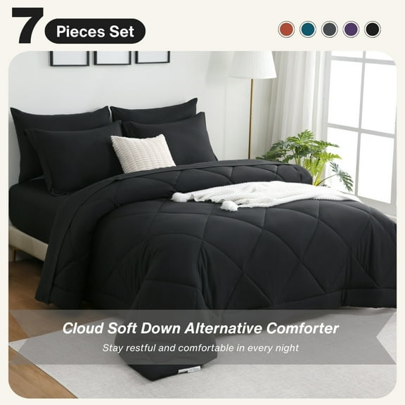 7 Pieces Comforter Set With Sheets, Bed In A Bag All Season Bedding Sets With Comforter, Pillow Shams, Flat Sheet, Fitted Sheet And Pillowcases, Black King Size