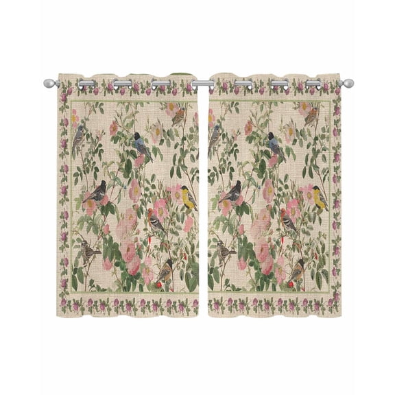 Beige Spring Floral Sheer Curtains 39 Inch Length 2 Panels Set for Living Room/Bedroom, Elegant Pastoral Flowers Birds Watercolor Kitchen Curtains Grommet Curtains Window Treatments 27.5"x39"x2