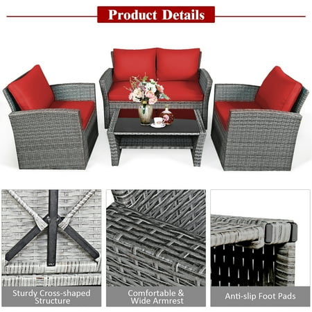 Costway 4pcs Patio Rattan Furniture Set Sofa Table W Storage Shelf Red Cushion Canada Costway 4pcs Patio Rattan Furniture Set, Rattan Sofa Table With Storage