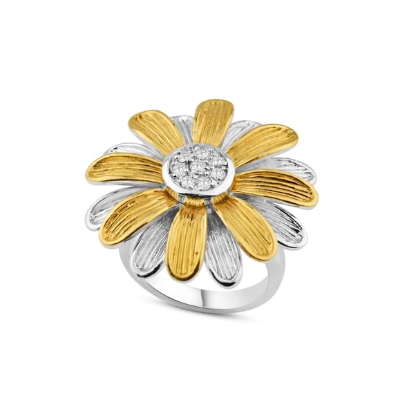 Sterling Silver 925 Rhodium and Gold Plated Clear CZ Daisy Flower Ring White Female Size 7