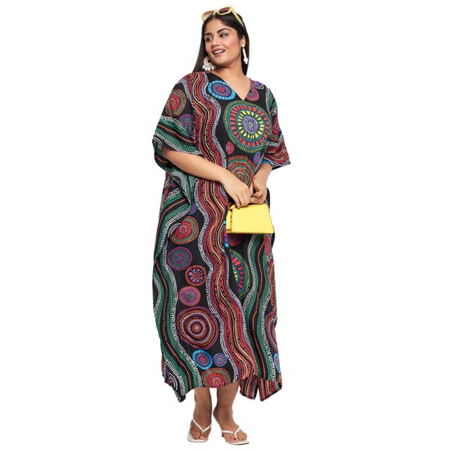 Oussum Robe Caftan Longue en Polyester Grande Taille Noire Mandana pour Femmes