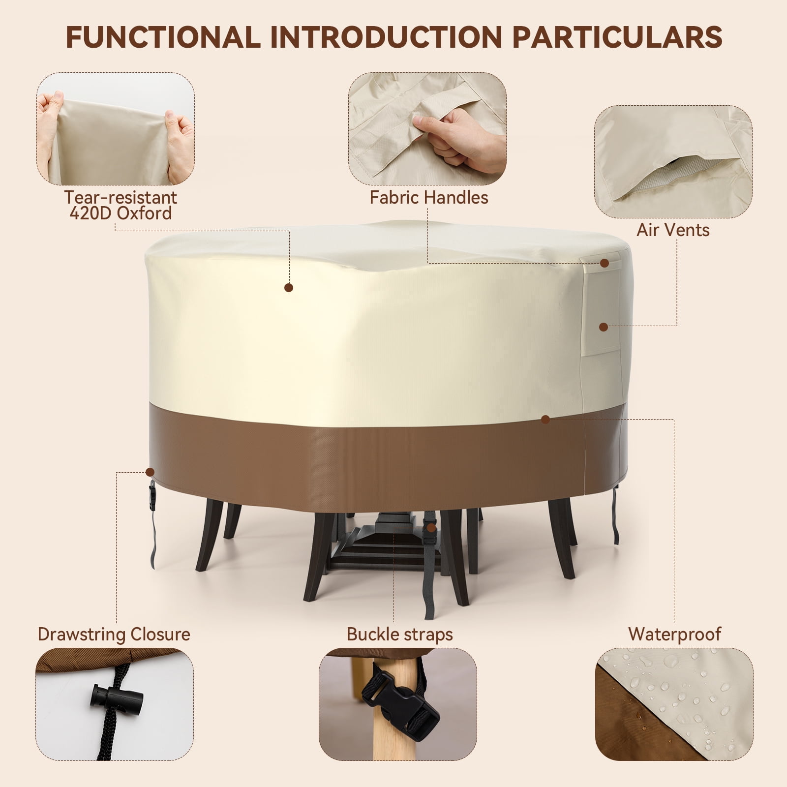 A 420D Circular Waterproof Patio Furniture Cover for Outdoor Table and Chairs